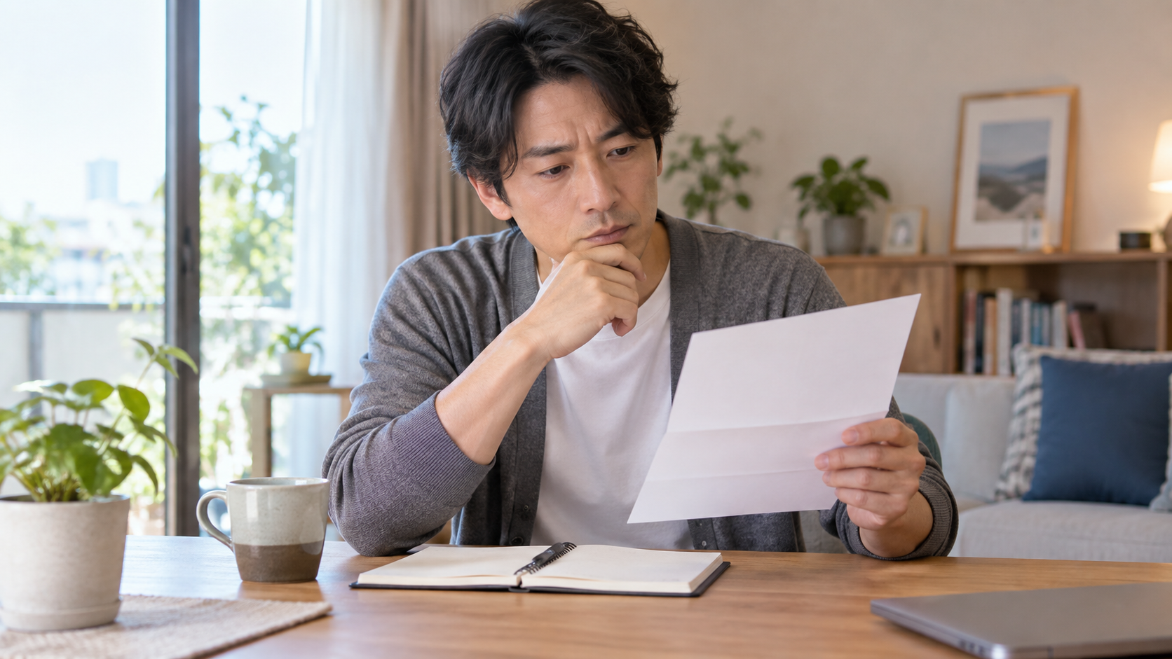 契約前に自宅で見積書と支払条件を確認する男性