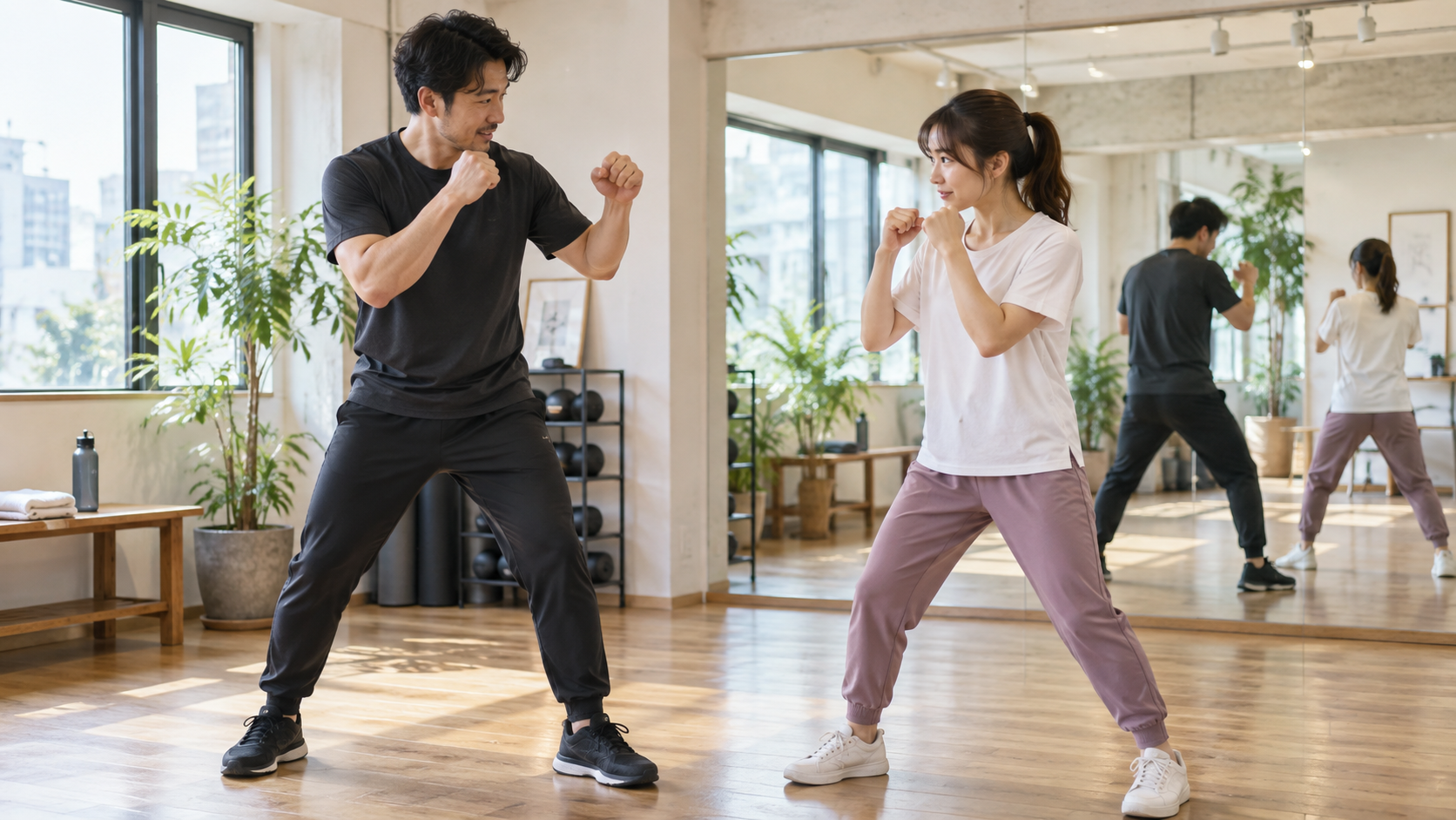 トレーナーから非接触で基本の構えを教わる初心者