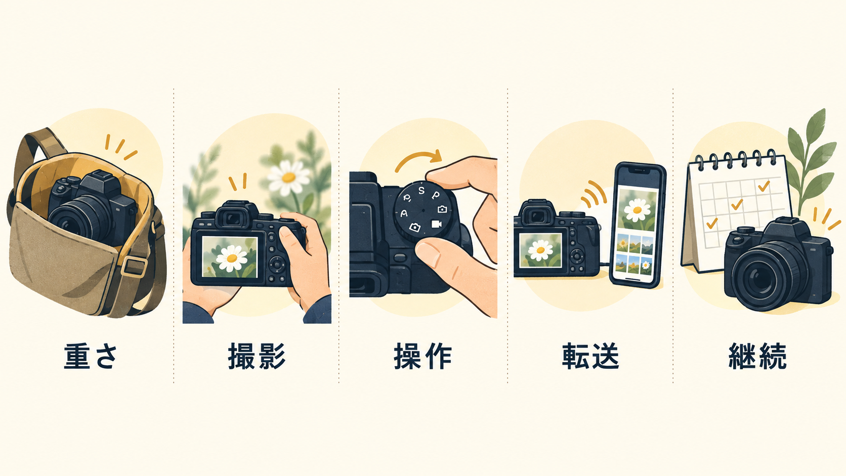 重さ・撮影・操作・転送・継続を確認する5つの項目
