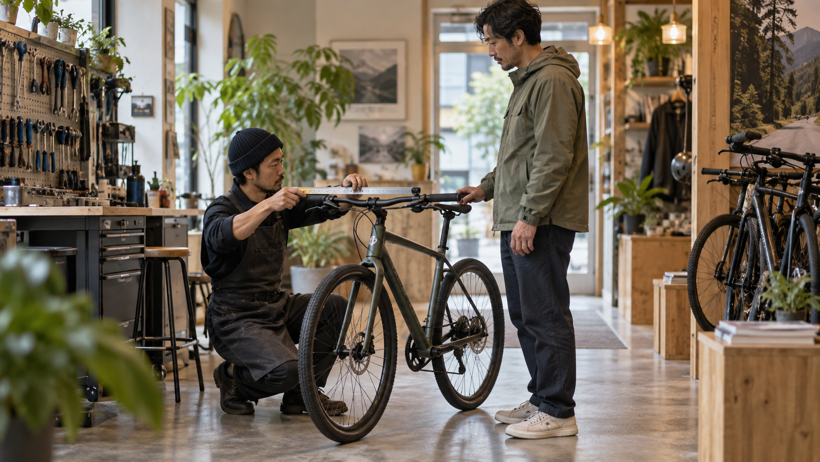 自転車店でフレームの大きさと乗車姿勢を相談する様子
