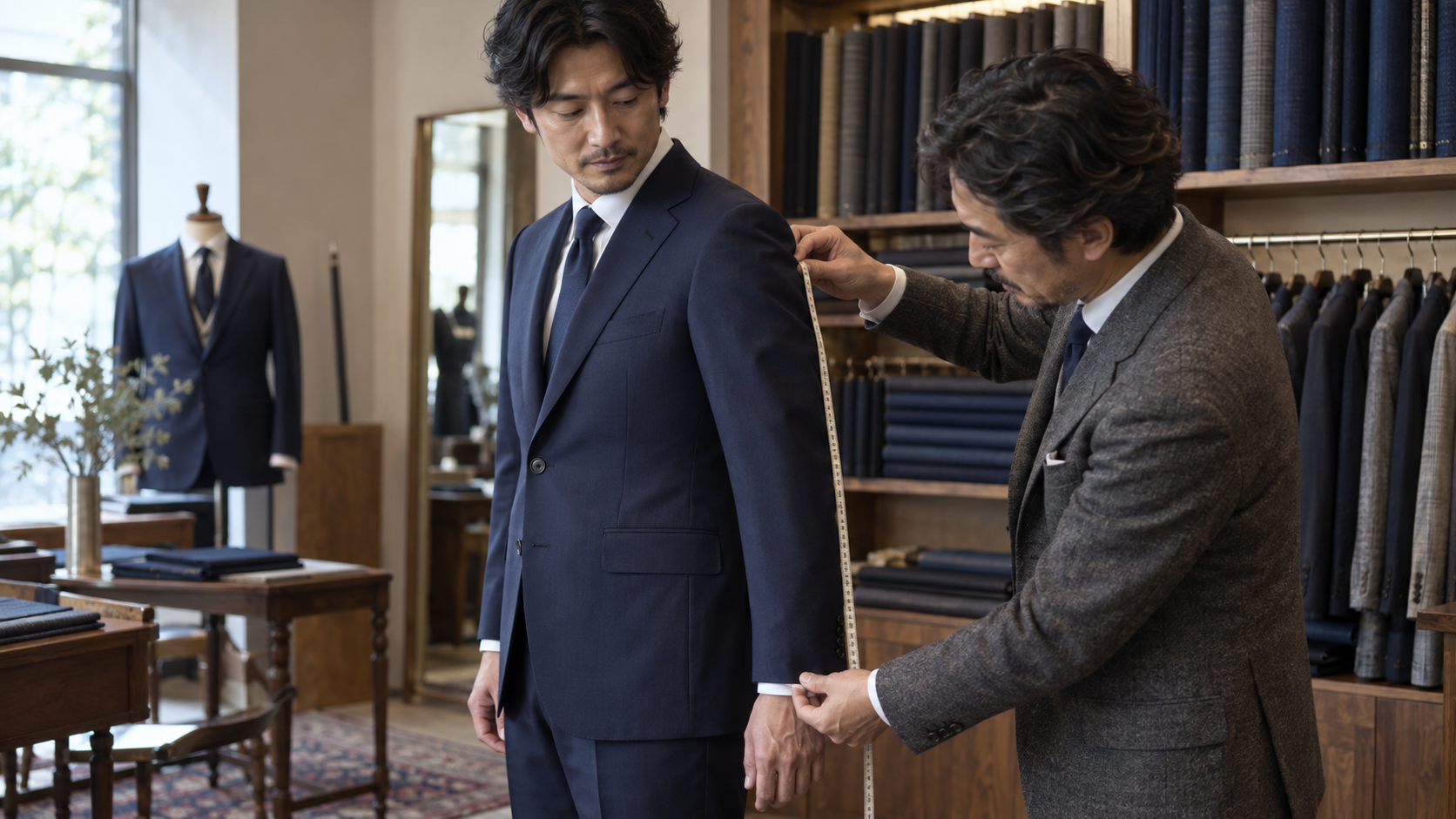 試着したジャケットの袖を確認する採寸相談のイメージ