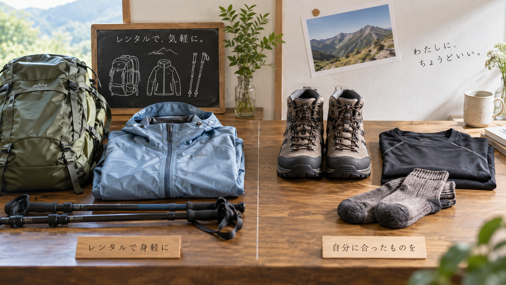 レンタル候補のザックや雨具と、自分に合わせたい登山靴や衣類