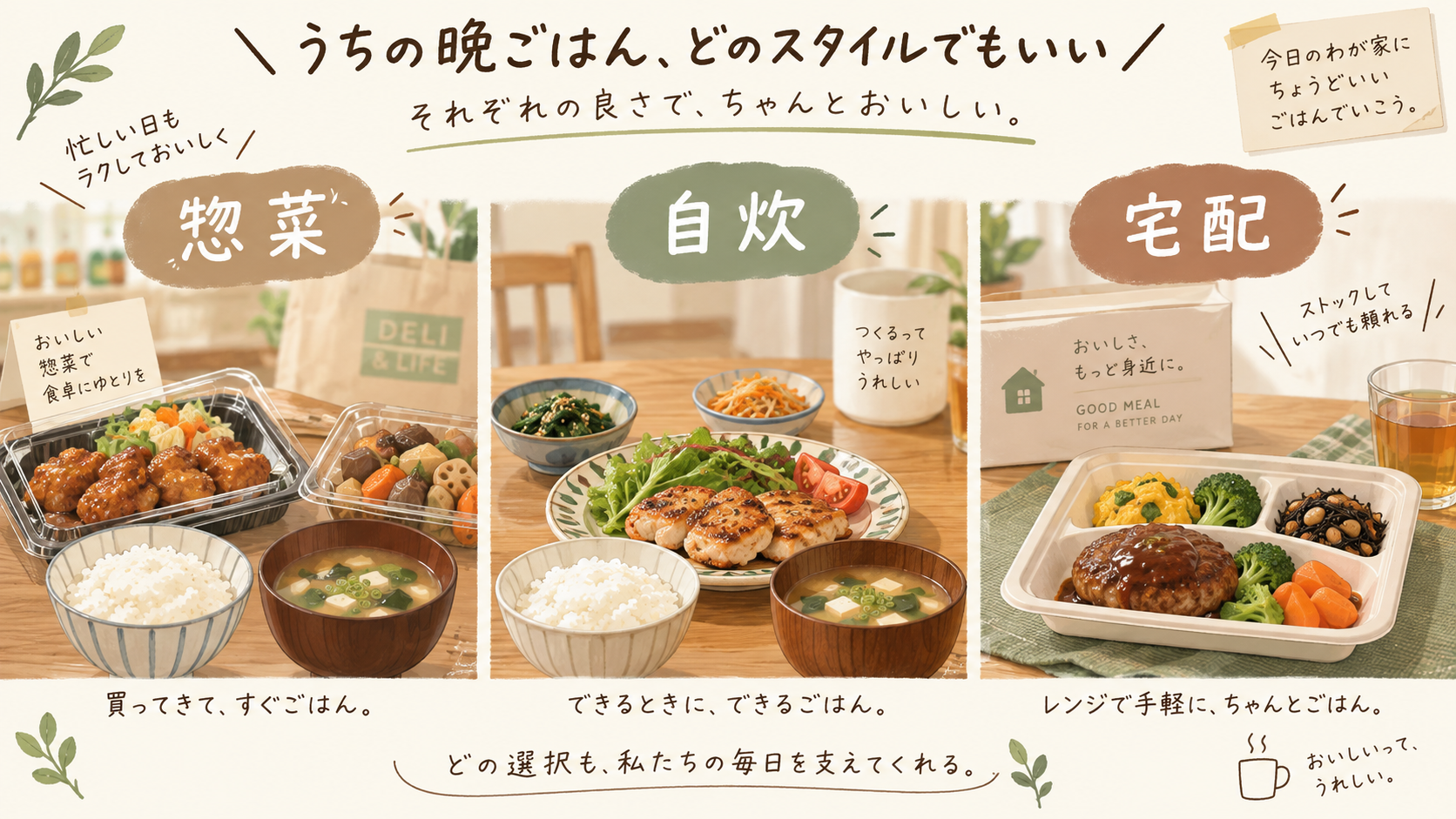 惣菜・自炊・宅配を使い分ける食事のイメージ