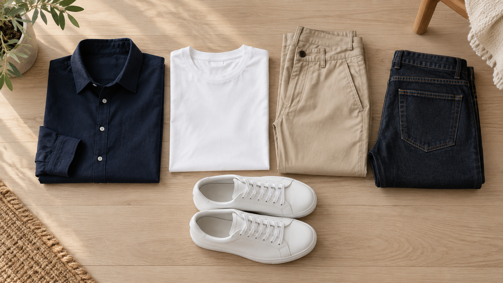 少数のシャツ・Tシャツ・パンツ・靴を組み合わせる例
