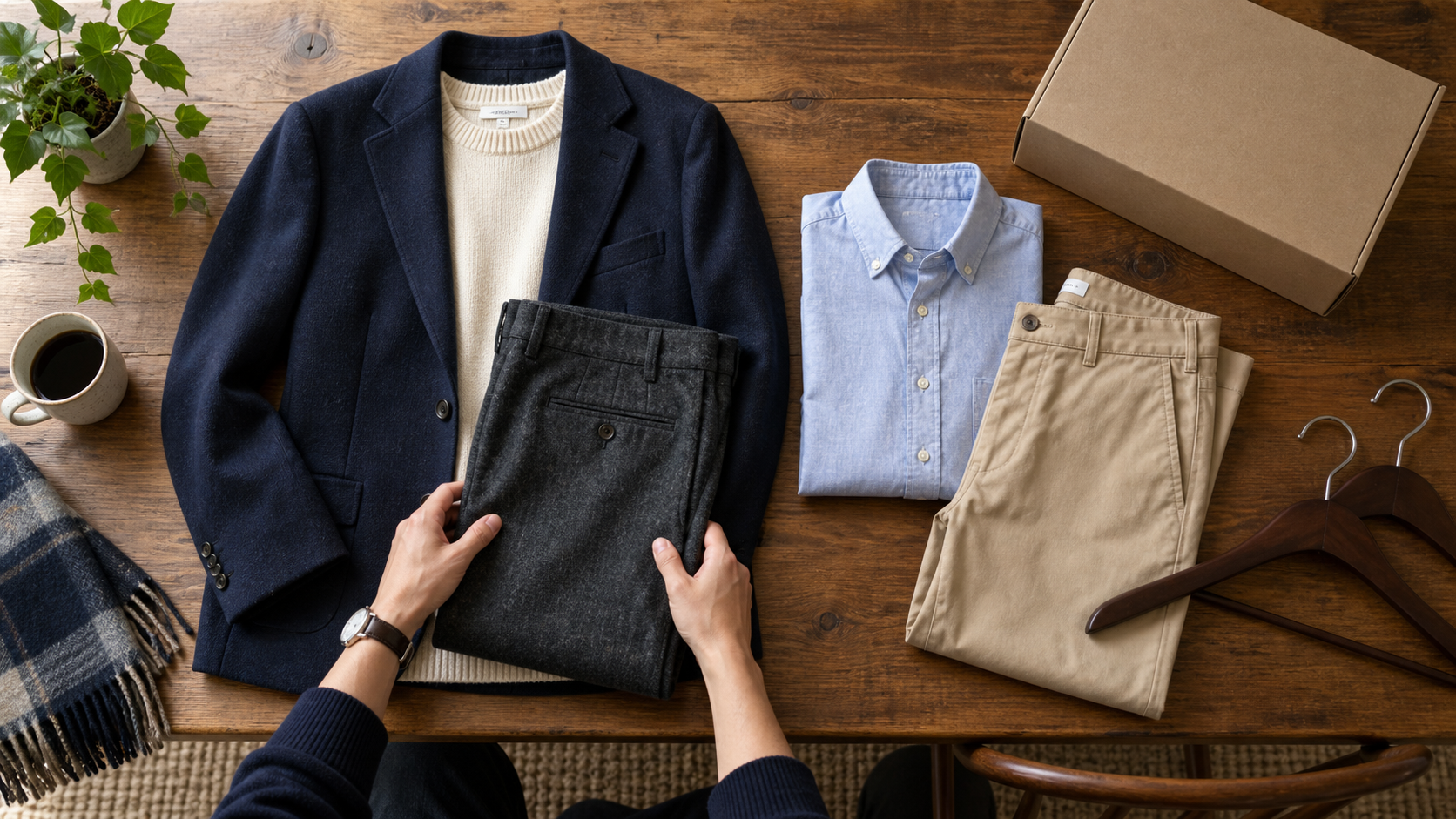 手持ちのジャケットやパンツと返却用の箱を並べた服選びのイメージ