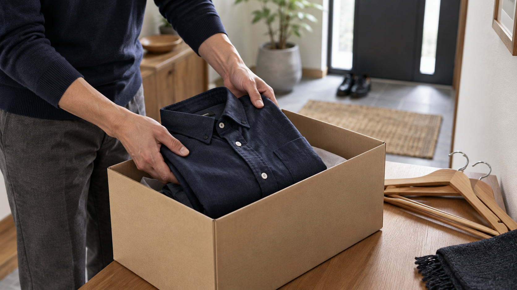 借りた服をたたみ、返却用の箱に収める準備のイメージ