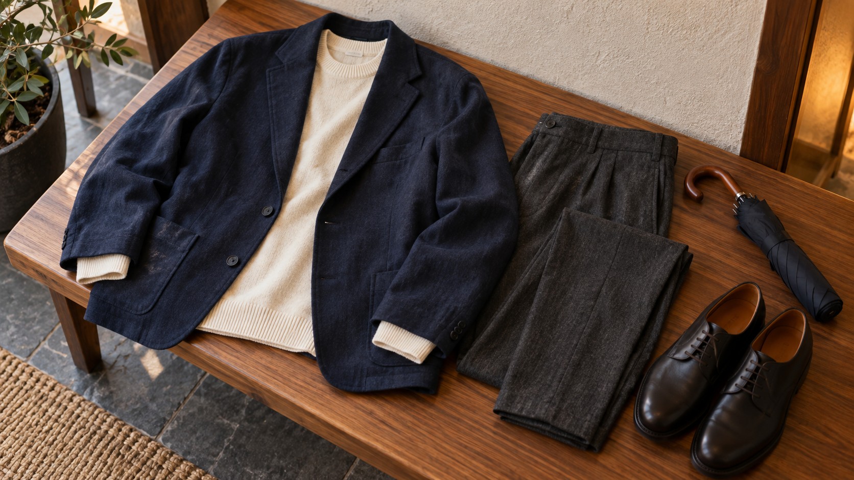 ジャケット、ニット、パンツ、靴と折りたたみ傘を合わせた外出準備のイメージ