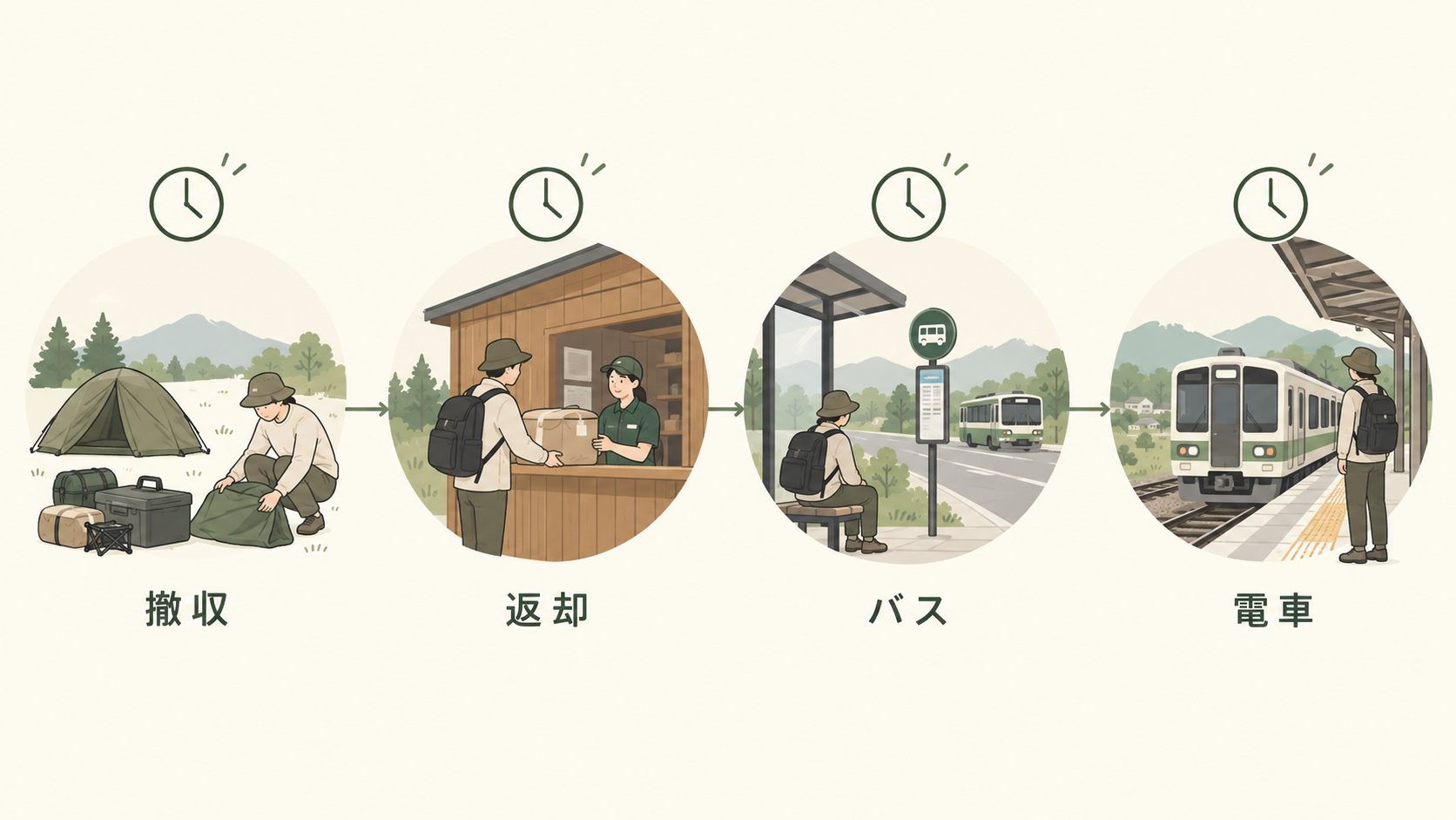 撤収、レンタル返却、バス、電車の順に帰りの予定を組む図